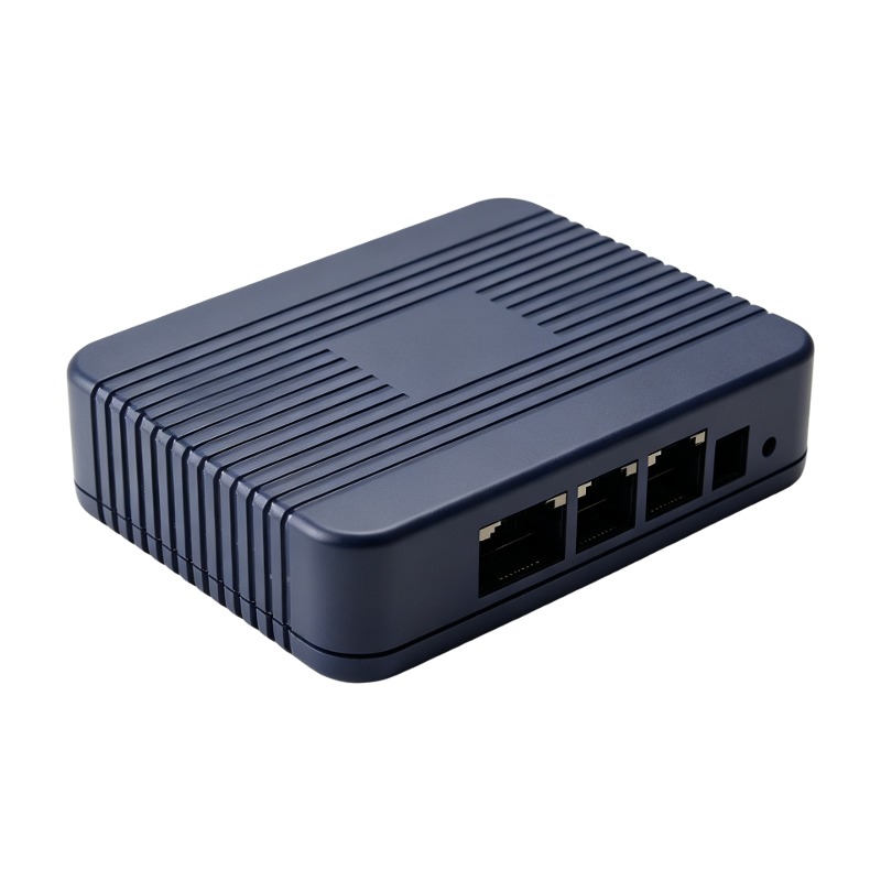蓝色路由器外壳，带散热纹理与 RJ45 接口 2